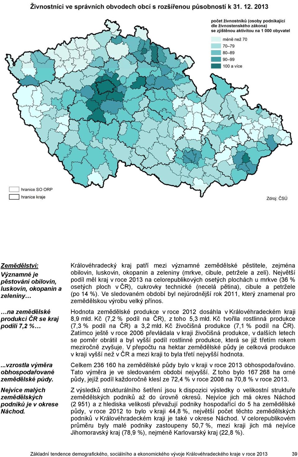 Největší podíl měl kraj v roce 213 na celorepublikových osetých plochách u mrkve (36 % osetých ploch v ČR), cukrovky technické (necelá pětina), cibule a petržele (po 14 %).