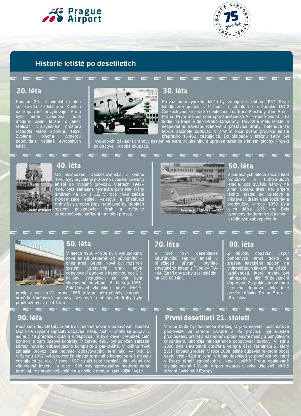 Provoz na ruzyňském letišti byl zahájen 5. dubna 1937. První letadlo zde přistálo v 9 hodin a jednalo se o Douglas DC-2 Československé letecké společnosti na trase Piešťany Zlín Brno Praha.