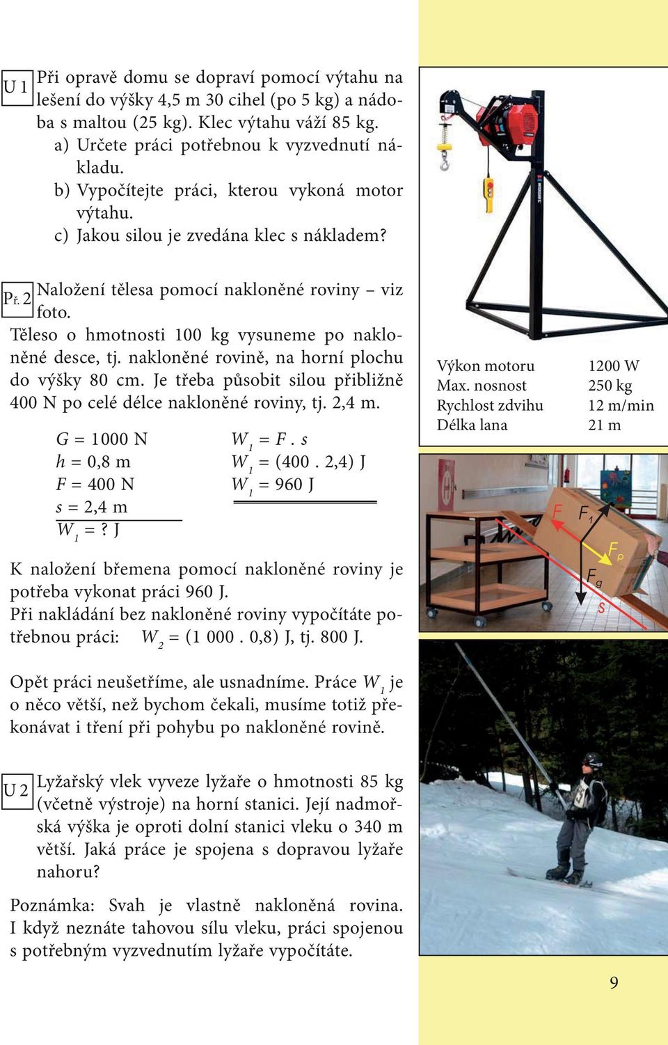 Těleso o hmotnosti 100 kg vysuneme po nakloněné desce, tj. nakloněné rovině, na horní plochu do výšky 80 cm. Je třeba působit silou přibližně 400 N po celé délce nakloněné roviny, tj. 2,4 m.