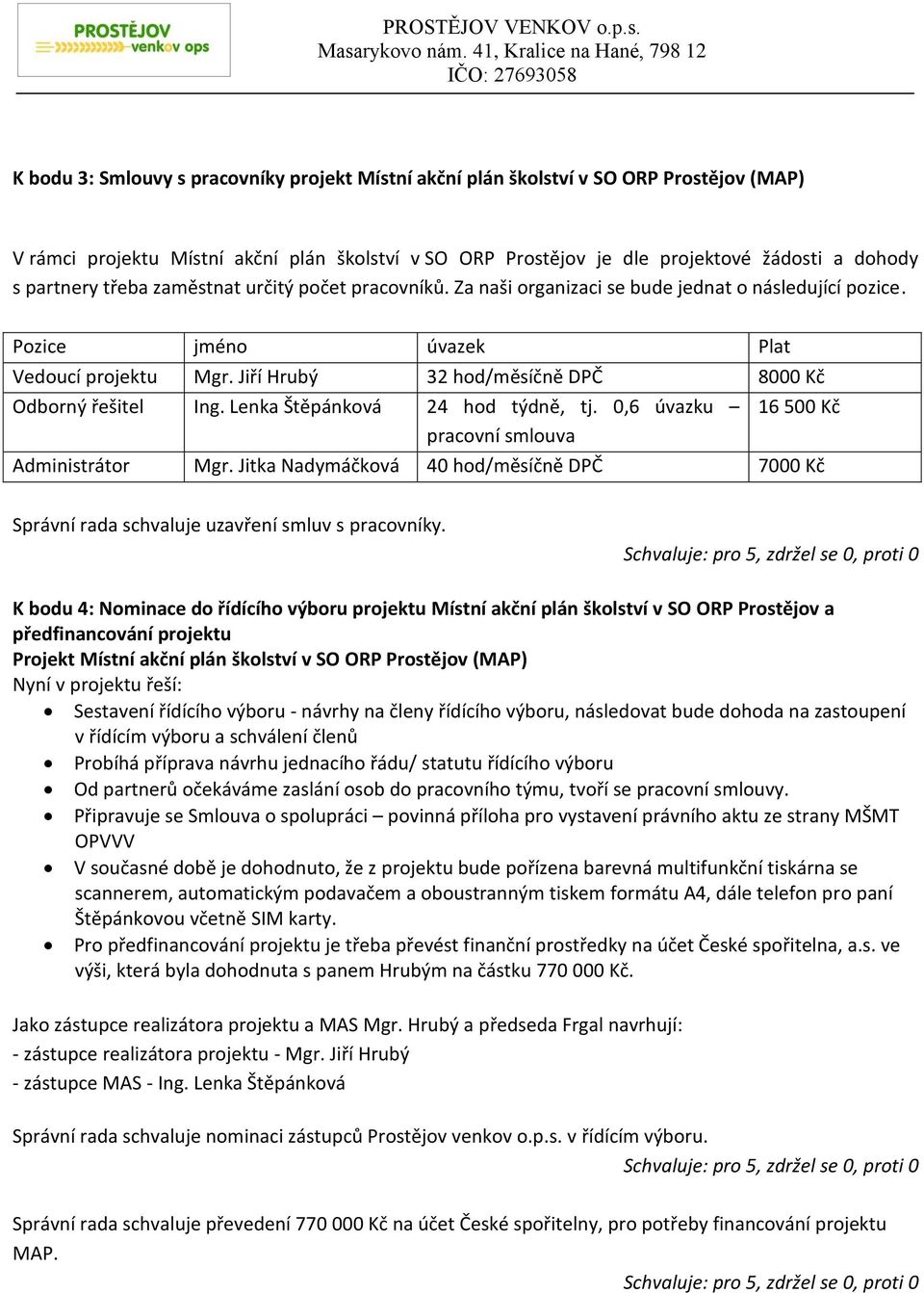 Jiří Hrubý 32 hod/měsíčně DPČ 8000 Kč Odborný řešitel Ing. Lenka Štěpánková 24 hod týdně, tj. 0,6 úvazku 16 500 Kč pracovní smlouva Administrátor Mgr.
