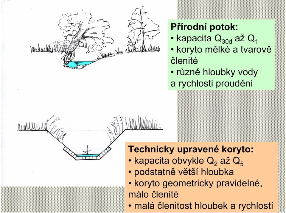 koryto: kapacita obvykle Q 2 až Q 5 podstatně větší hloubka koryto