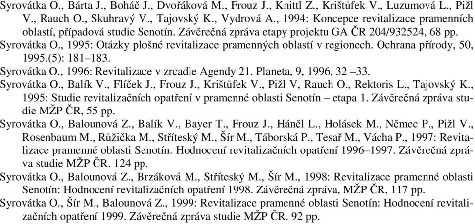 , 1995: Otázky plošné revitalizace pramenných oblastí v regionech. Ochrana přírody, 50, 1995,(5): 181 183. Syrovátka O., 1996: Revitalizace v zrcadle Agendy 21. Planeta, 9, 1996, 32 33. Syrovátka O., Balík V.