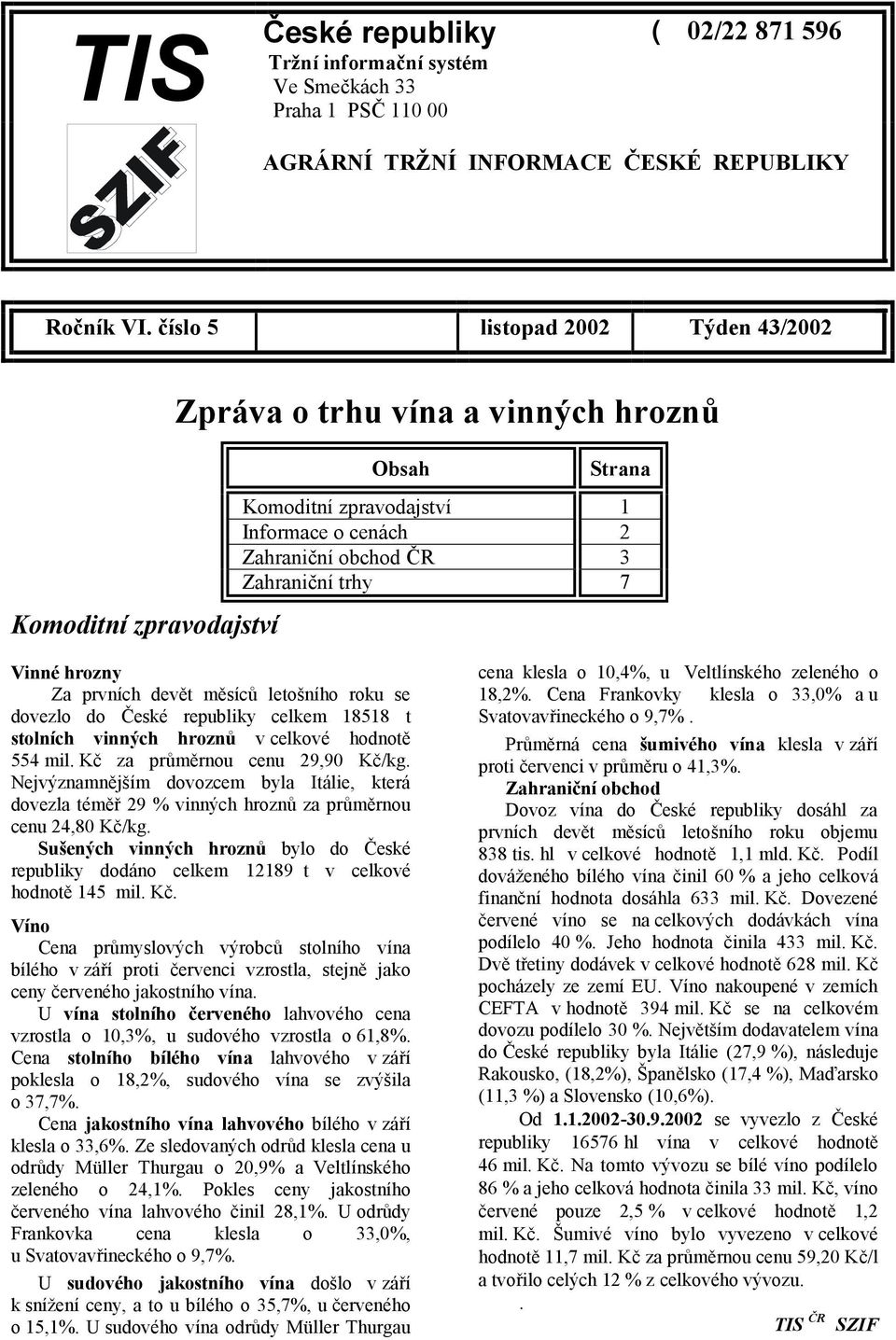 Vinné hrozny Za prvních devět měsíců letošního roku se dovezlo do České republiky celkem 18518 t stolních vinných hroznů v celkové hodnotě 554 mil. Kč za průměrnou cenu 29,90 Kč/kg.