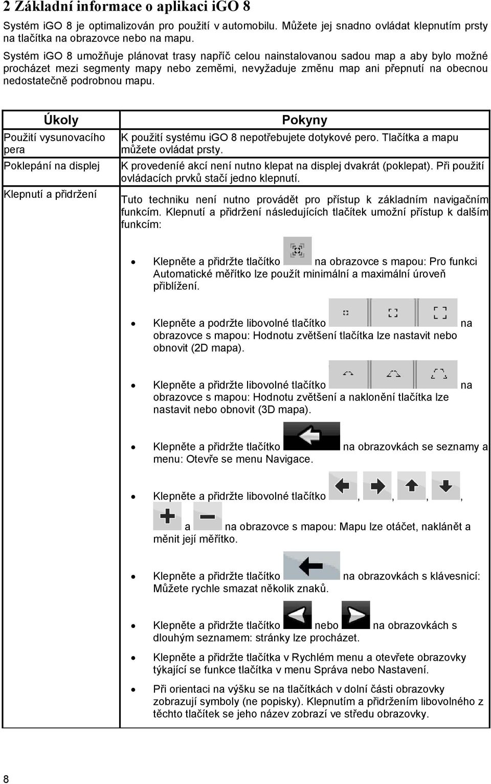 podrobnou mapu. Úkoly Použití vysunovacího pera Poklepání na displej Klepnutí a přidržení Pokyny K použití systému igo 8 nepotřebujete dotykové pero. Tlačítka a mapu můžete ovládat prsty.