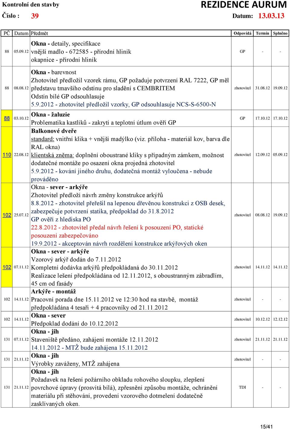 9.2012 - zhotovitel předložil vzorky, GP odsouhlasuje NCS-S-6500-N Okna - žaluzie Problematika kastlíků - zakrytí a teplotní útlum ověří GP Balkonové dveře standard: vnitřní klika + vnější madýlko