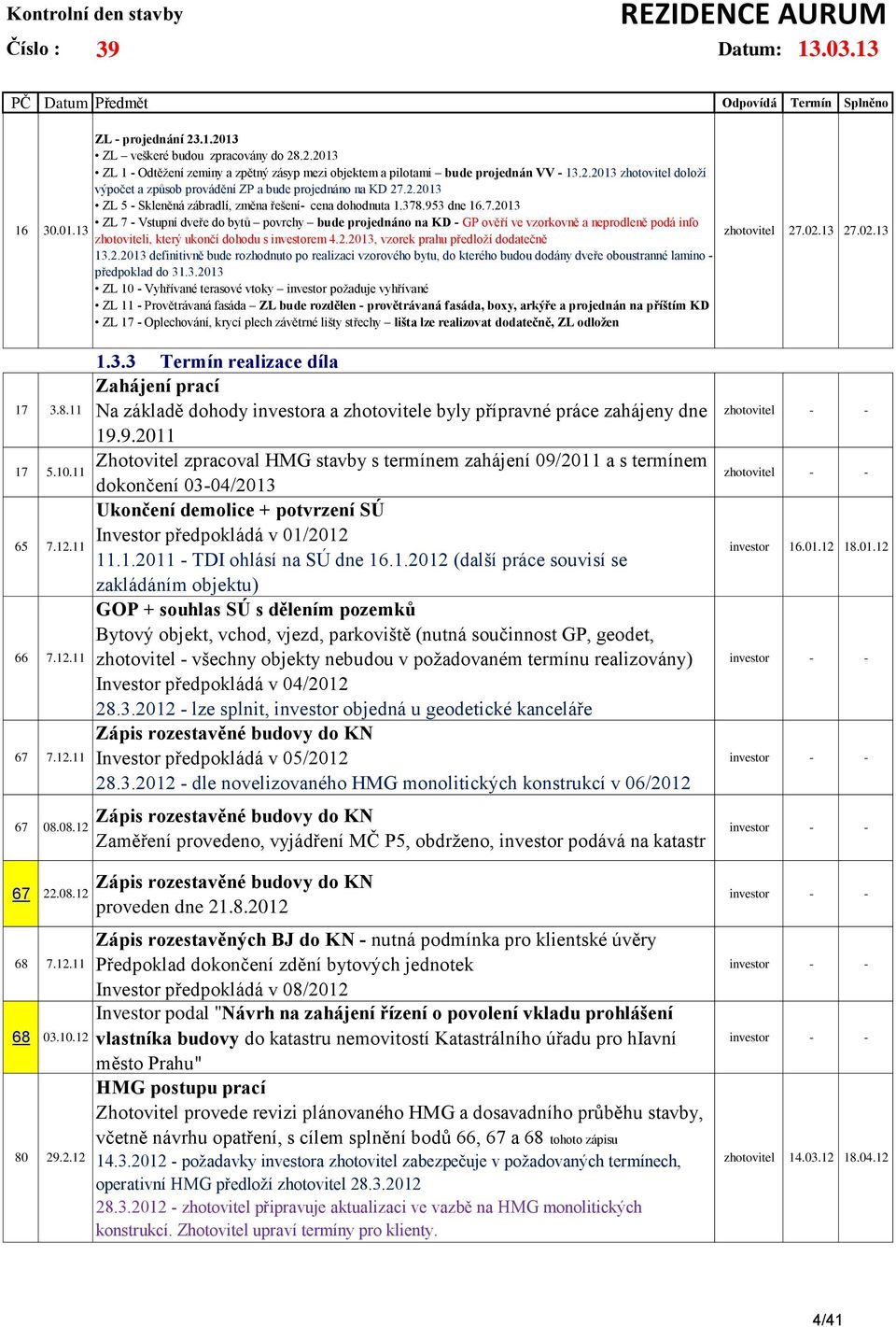 .953 dne 16.7.2013 ZL 7 - Vstupní dveře do bytů povrchy bude projednáno na KD - GP ověří ve vzorkovně a neprodleně podá info zhotoviteli, který ukončí dohodu s investorem 4.2.2013, vzorek prahu předloží dodatečně 13.