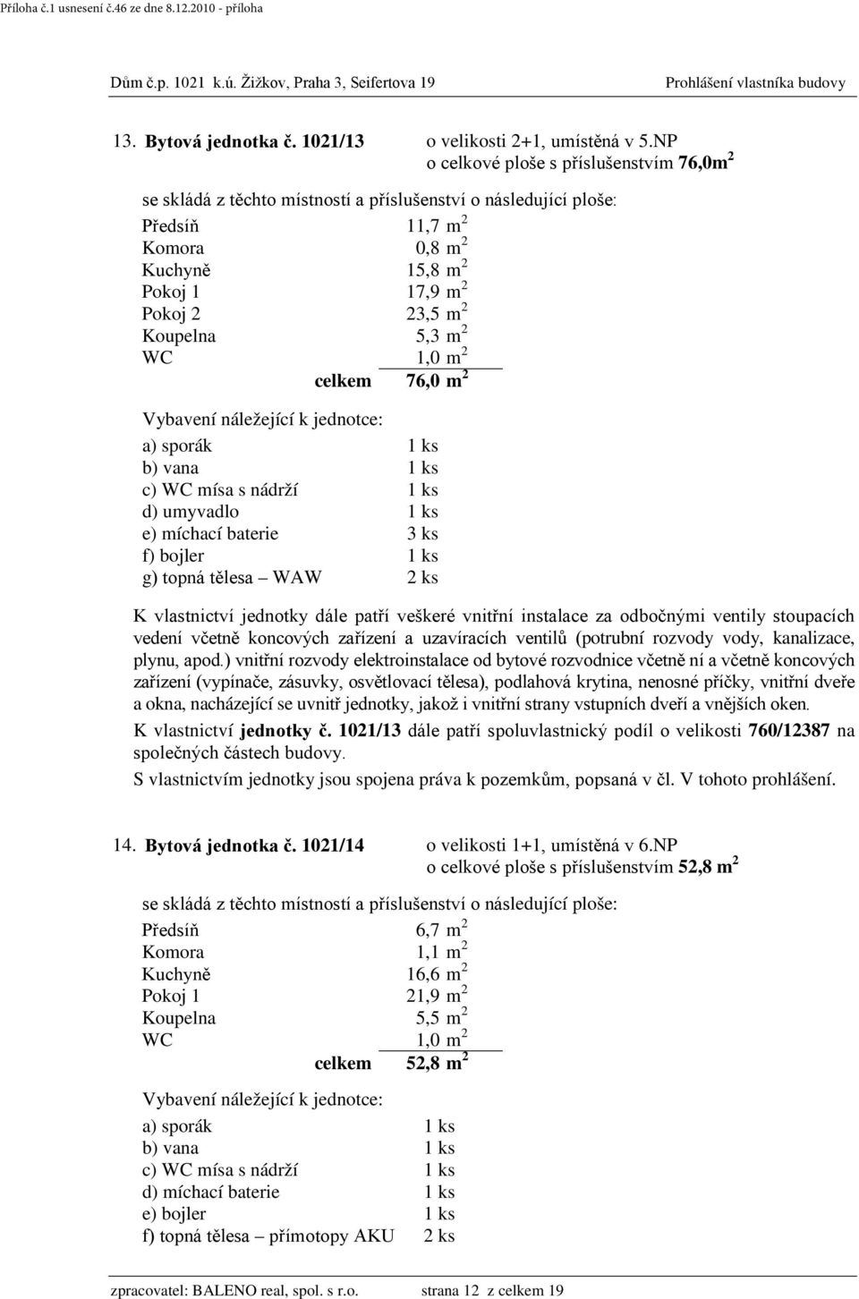 nádrží 1 ks e) míchací baterie 3 ks f) bojler 1 ks g) topná tělesa WAW 2 ks K vlastnictví jednotky č. 1021/13 dále patří spoluvlastnický podíl o velikosti 760/12387 na 14. Bytová jednotka č.