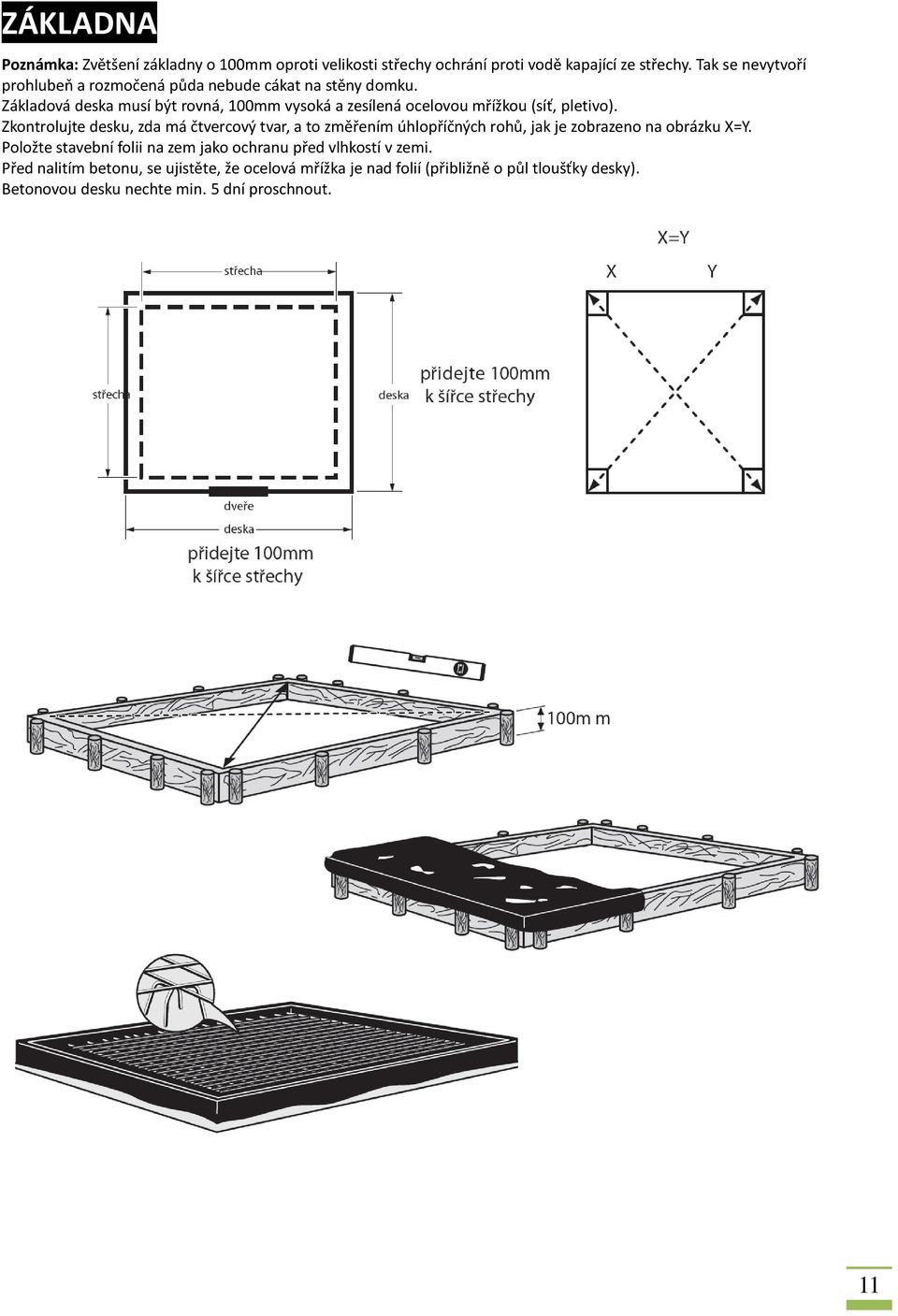 Základová deska musí být rovná, 100mm vysoká a zesílená ocelovou mřížkou (síť, pletivo).