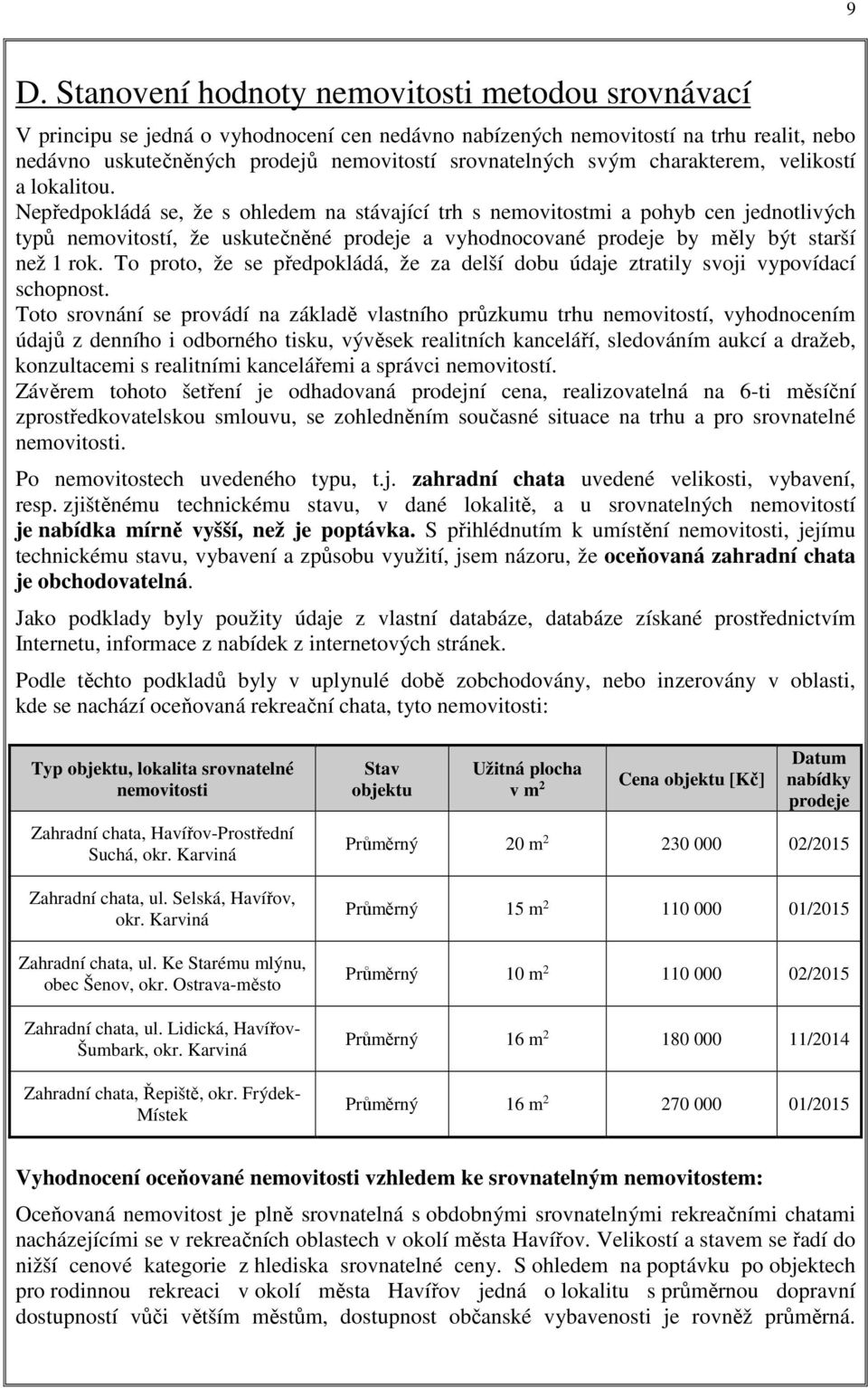 Nepředpokládá se, že s ohledem na stávající trh s nemovitostmi a pohyb cen jednotlivých typů nemovitostí, že uskutečněné prodeje a vyhodnocované prodeje by měly být starší než 1 rok.
