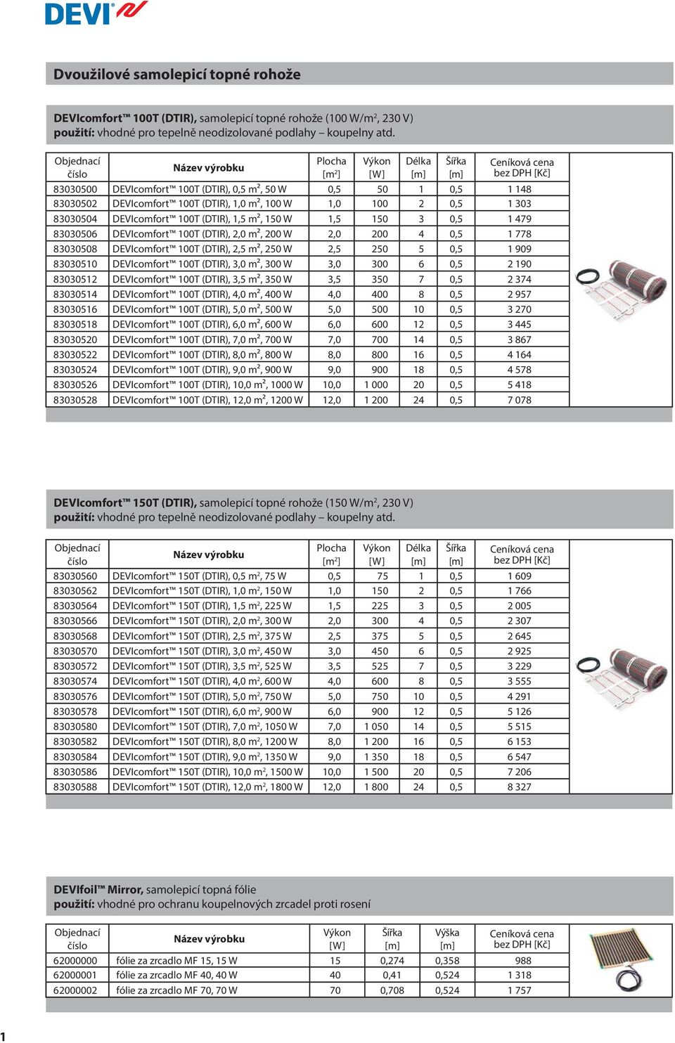 83030504 DEVIcomfort 100T (DTIR), 1,5 m², 150 W 1,5 150 3 0,5 1 479 83030506 DEVIcomfort 100T (DTIR), 2,0 m², 200 W 2,0 200 4 0,5 1 778 83030508 DEVIcomfort 100T (DTIR), 2,5 m², 250 W 2,5 250 5 0,5 1