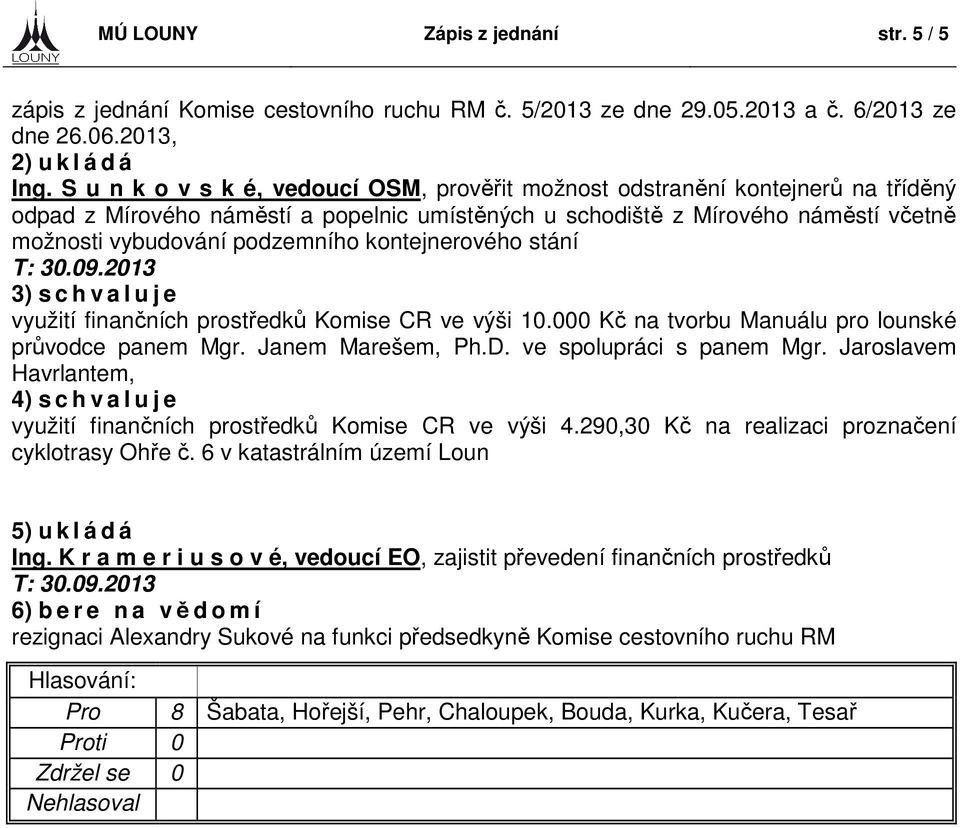 kontejnerového stání T: 30.09.2013 3) s c h v a l u j e využití finančních prostředků Komise CR ve výši 10.000 Kč na tvorbu Manuálu pro lounské průvodce panem Mgr. Janem Marešem, Ph.D.