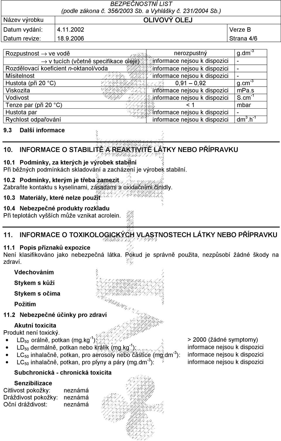 20 C) 0,91 0,92 g.cm -3 Viskozita informace nejsou k dispozici mpa.s Vodivost informace nejsou k dispozici S.