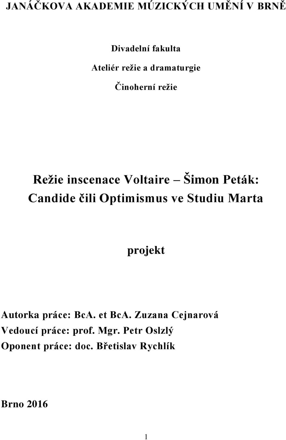 Optimismus ve Studiu Marta projekt Autorka práce: BcA. et BcA.