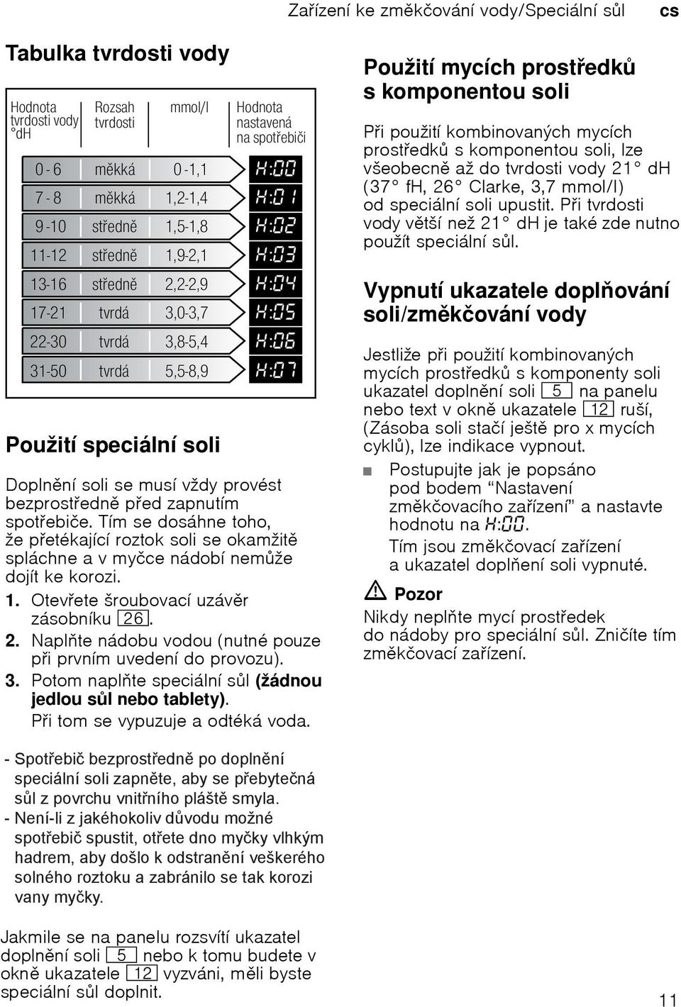 Otevete šroubovací uzávr zásobníku 1R. 2. Naplte nádobu vodou (nutné pouze pi prvním uvedení do provozu). 3. Potom naplte speciální sl (žádnou jedlou sl nebo tablety).