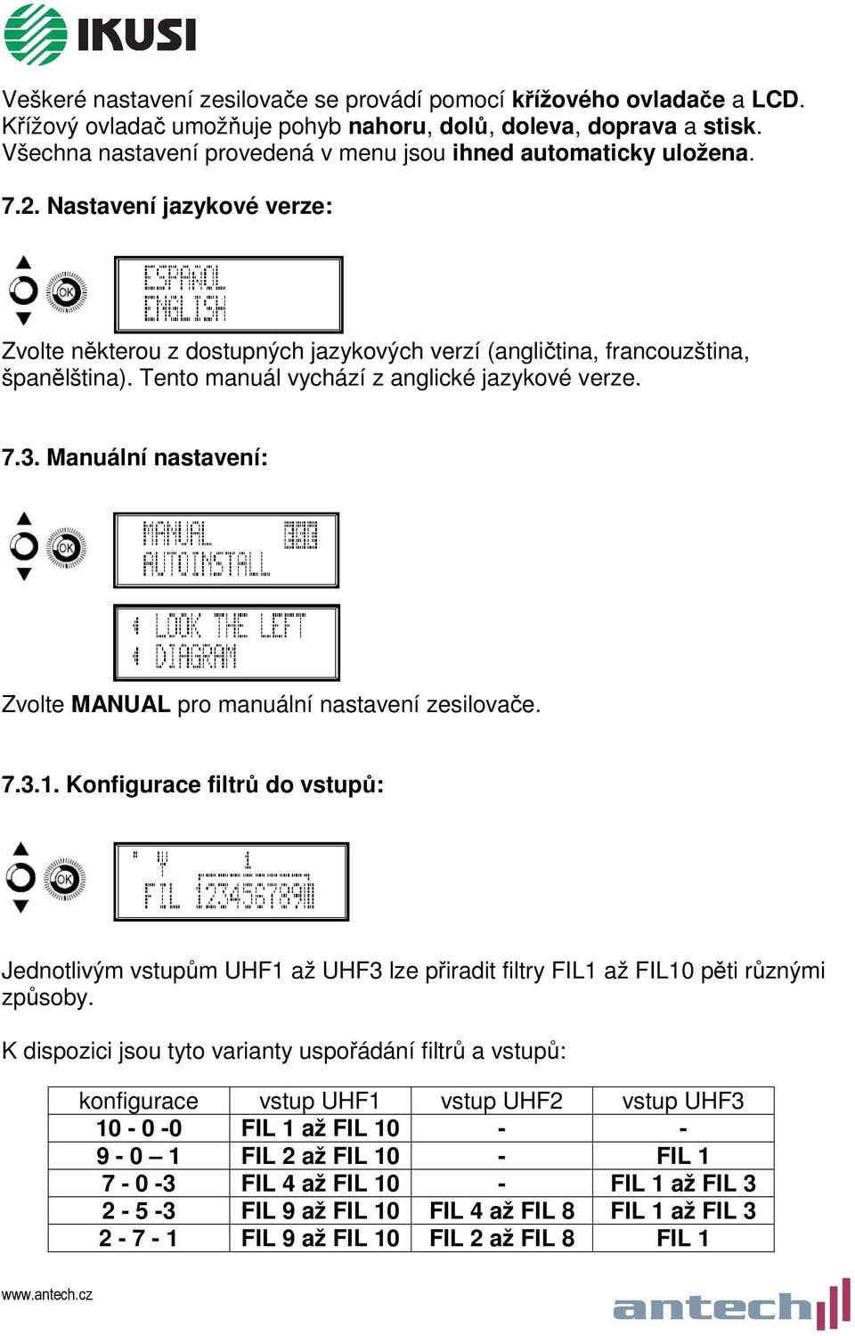 Tento manuál vychází z anglické jazykové verze. 7.3. Manuální nastavení: Zvolte MANUAL pro manuální nastavení zesilovače. 7.3.1.