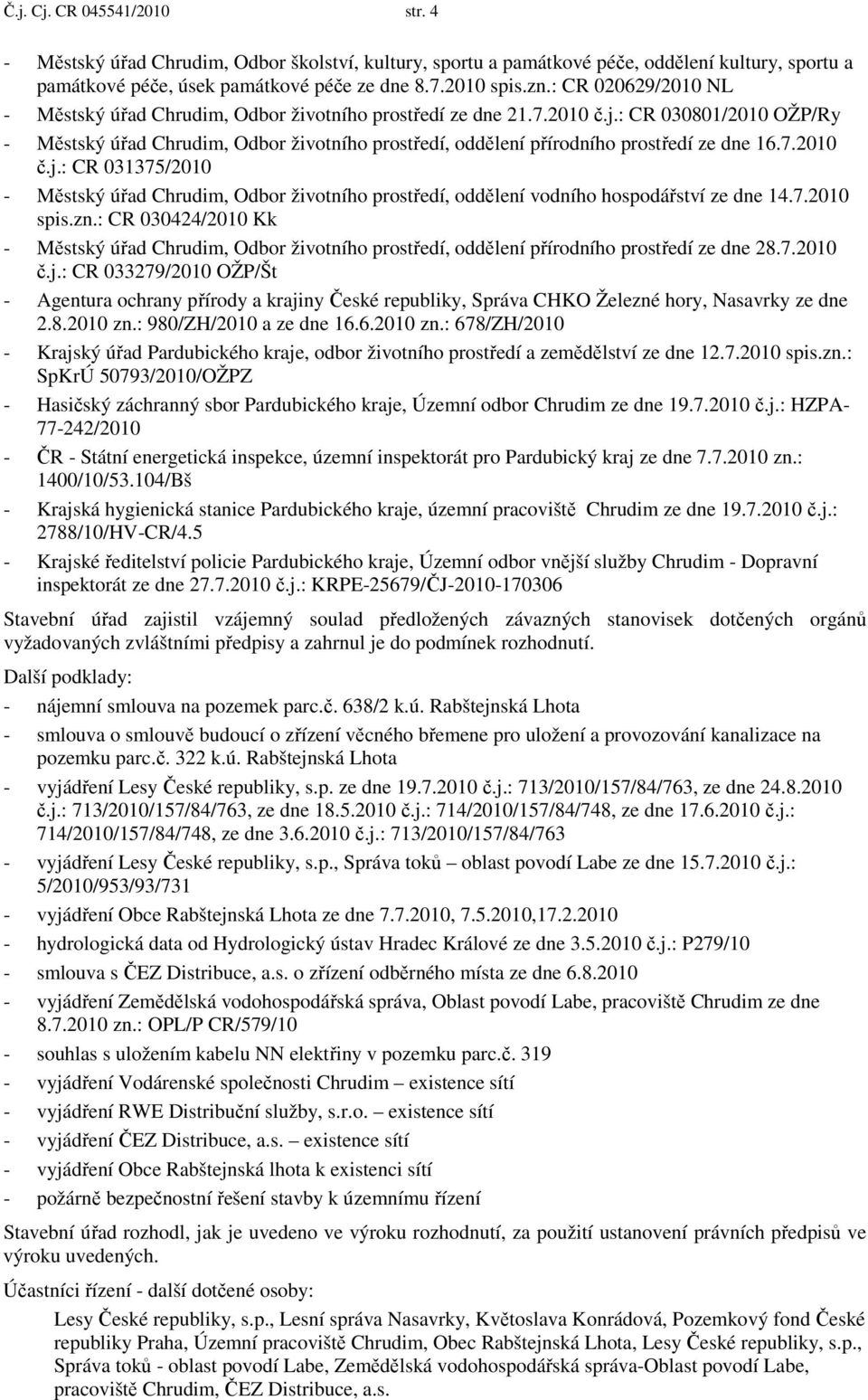 : CR 030801/2010 OŽP/Ry - Městský úřad Chrudim, Odbor životního prostředí, oddělení přírodního prostředí ze dne 16.7.2010 č.j.