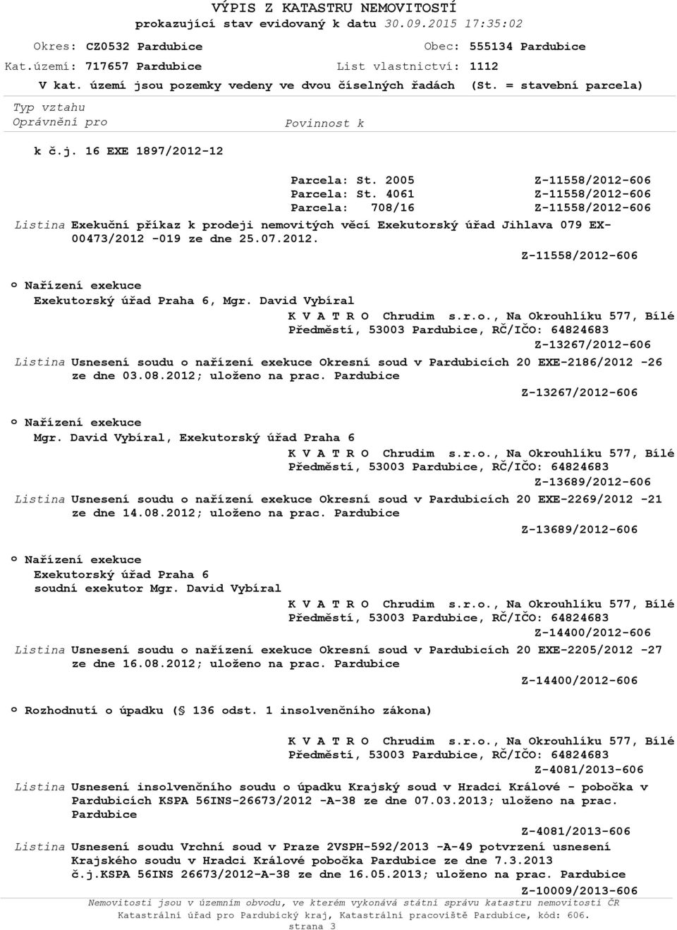 08.2012; ulžen na prac. Pardubice Z-13267/2012-606 Nařízení exekuce Mgr. David Vybíral, Exekutrský úřad Praha 6 K V A T R O Chrudim s.r.., Na Okruhlíku 577, Bílé Z-13689/2012-606 Usnesení sudu nařízení exekuce Okresní sud v Pardubicích 20 EXE-2269/2012-21 ze dne 14.