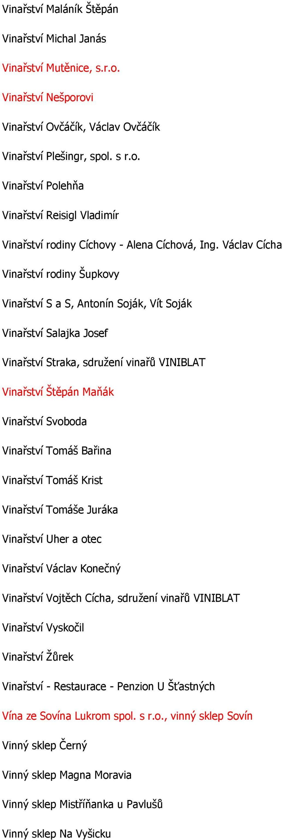 Tomáš Bařina Vinařství Tomáš Krist Vinařství Tomáše Juráka Vinařství Uher a otec Vinařství Václav Konečný Vinařství Vojtěch Cícha, sdružení vinařů VINIBLAT Vinařství Vyskočil Vinařství Žůrek