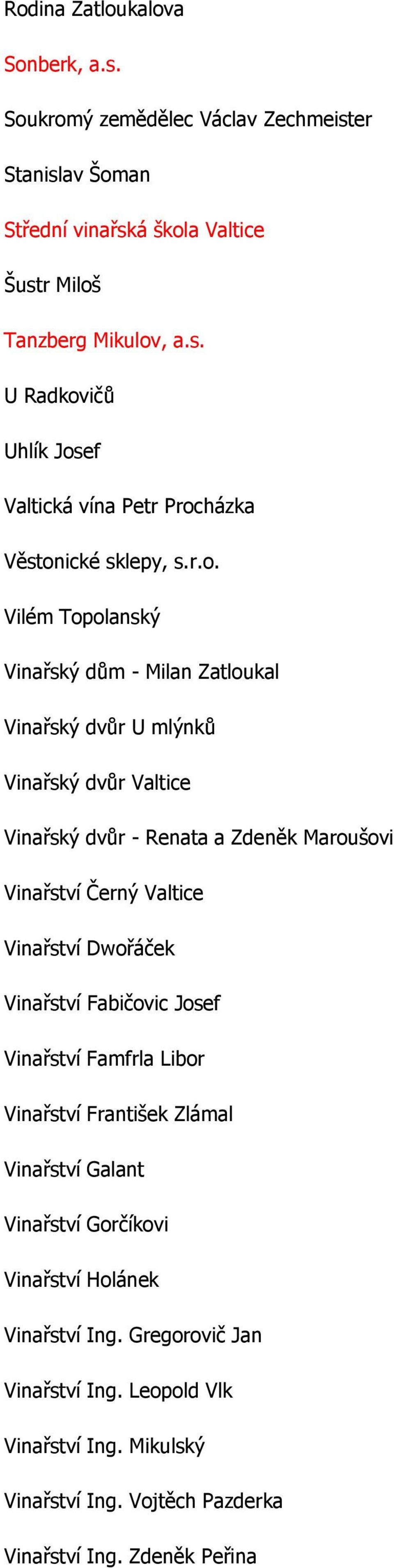 Vinařství Dwořáček Vinařství Fabičovic Josef Vinařství Famfrla Libor Vinařství František Zlámal Vinařství Galant Vinařství Gorčíkovi Vinařství Holánek Vinařství Ing.