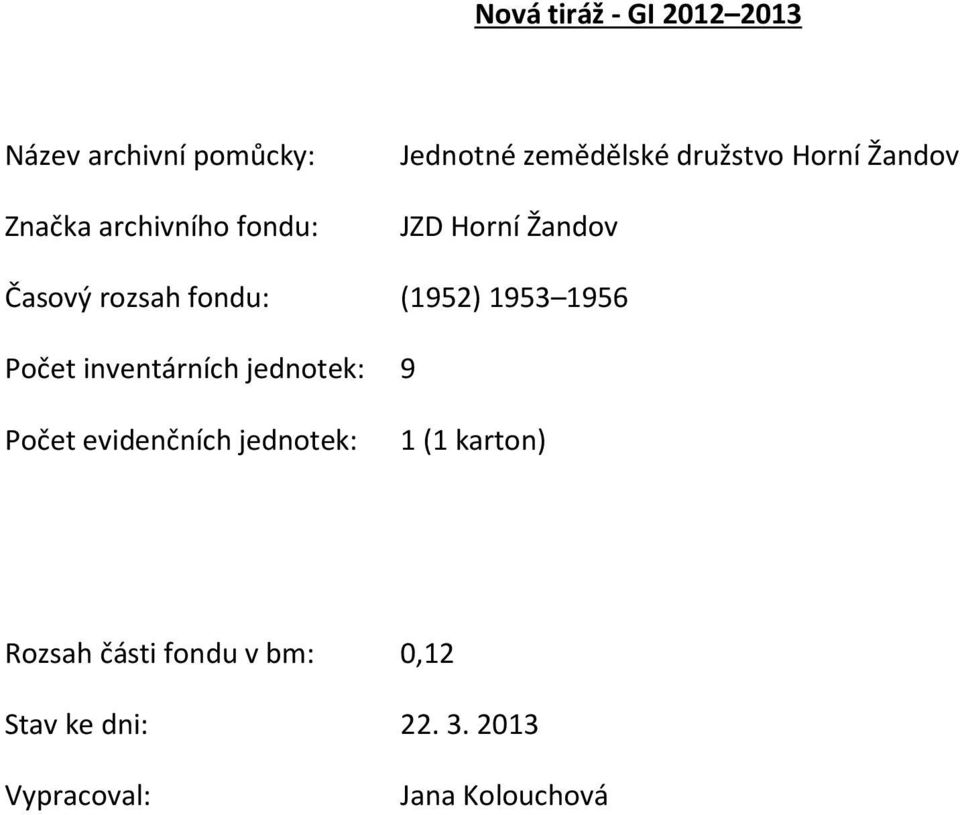 (1952) 1953 1956 Počet inventárních jednotek: 9 Počet evidenčních jednotek: 1 (1