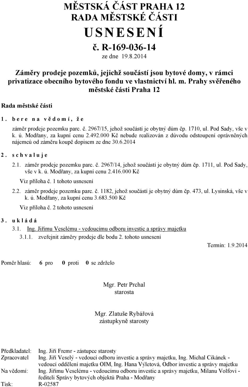 bere na vě domí, že záměr prodeje pozemku parc. č. 2967/15, jehož součástí je obytný dům čp. 1710, ul. Pod Sady, vše v k. ú. Modřany, za kupní cenu 2.492.