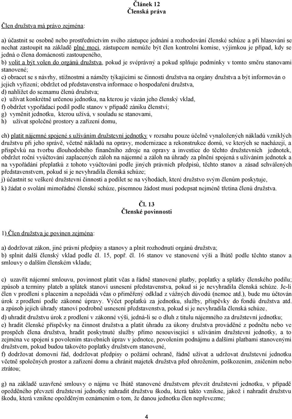 podmínky v tomto směru stanovami stanovené; c) obracet se s návrhy, stížnostmi a náměty týkajícími se činnosti družstva na orgány družstva a být informován o jejich vyřízení; obdržet od