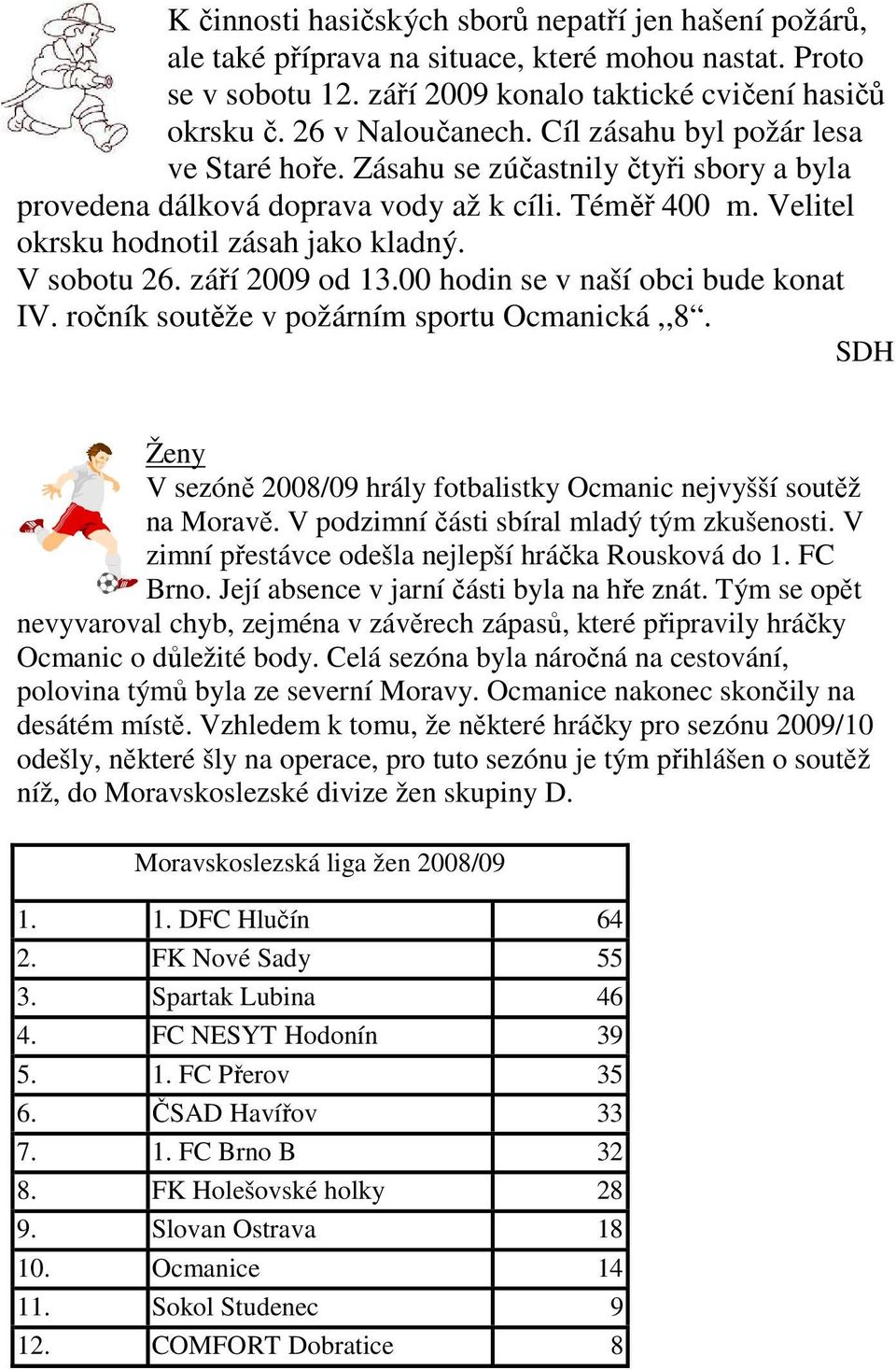 září 2009 od 13.00 hodin se v naší obci bude konat IV. ročník soutěže v požárním sportu Ocmanická,,8. SDH Ženy V sezóně 2008/09 hrály fotbalistky Ocmanic nejvyšší soutěž na Moravě.