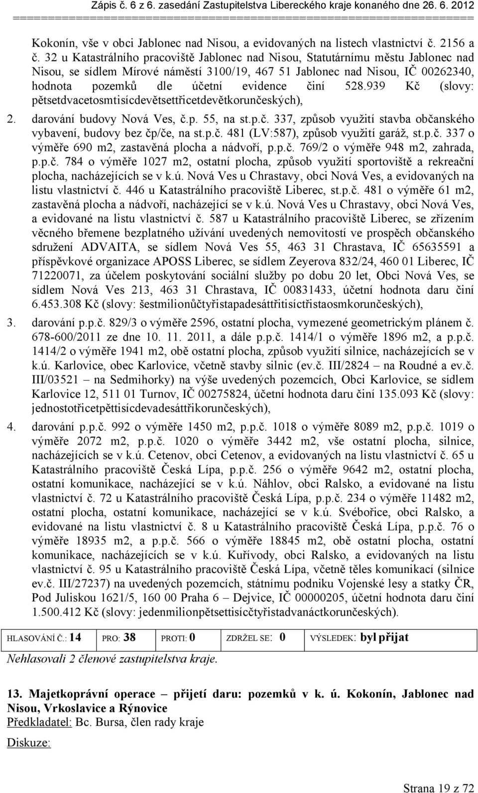 činí 528.939 Kč (slovy: pětsetdvacetosmtisícdevětsettřicetdevětkorunčeských), 2. darování budovy Nová Ves, č.p. 55, na st.p.č. 337, způsob využití stavba občanského vybavení, budovy bez čp/če, na st.