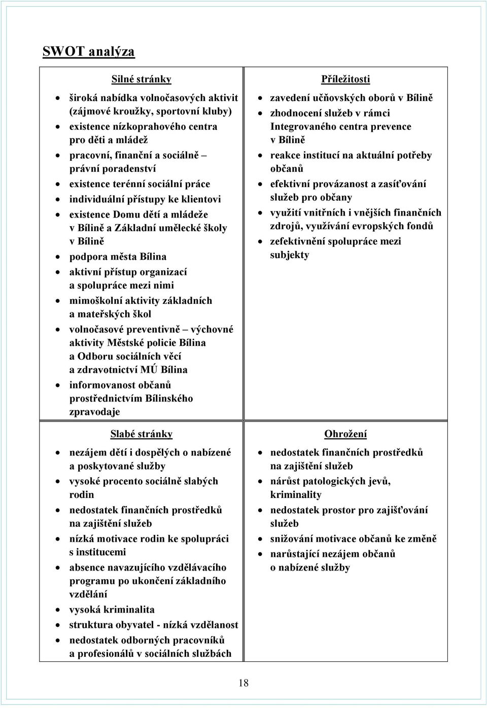 spolupráce mezi nimi mimoškolní aktivity základních a mateřských škol volnočasové preventivně výchovné aktivity Městské policie Bílina a Odboru sociálních věcí a zdravotnictví MÚ Bílina informovanost