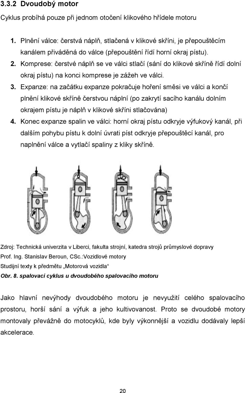 Komprese: čerstvé náplň se ve válci stlačí (sání do klikové skříně řídí dolní okraj pístu) na konci komprese je zážeh ve válci. 3.