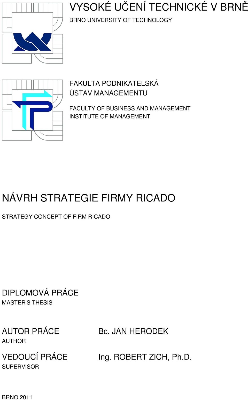 STRATEGIE FIRMY RICADO STRATEGY CONCEPT OF FIRM RICADO DIPLOMOVÁ PRÁCE MASTER'S THESIS