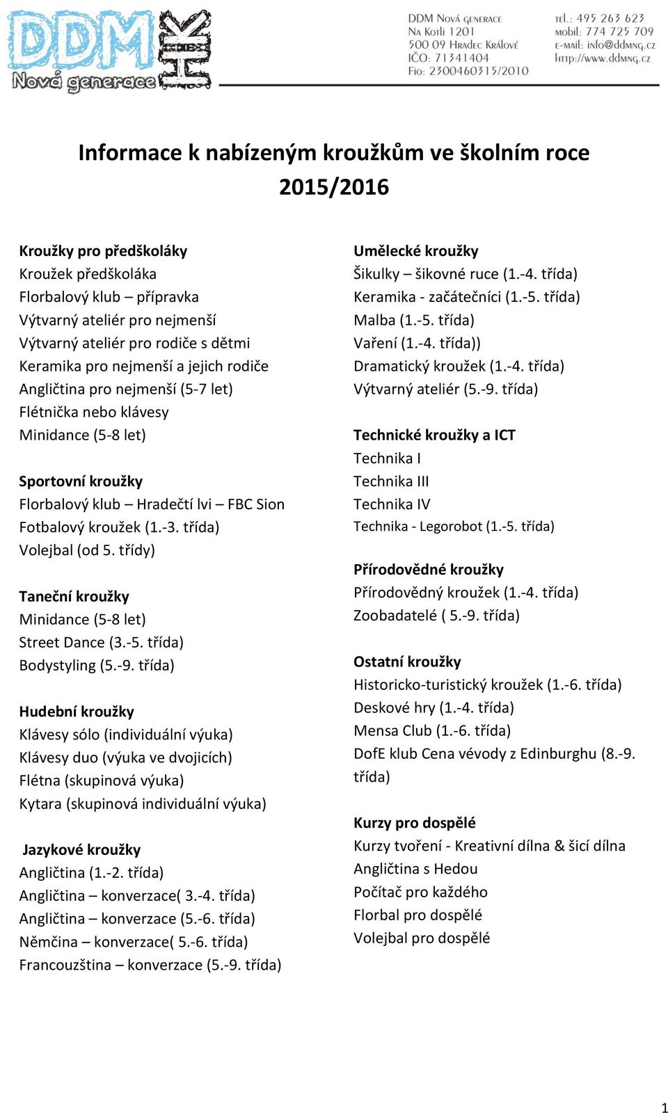 třída) Volejbal (od 5. třídy) Taneční kroužky Minidance (5-8 let) Street Dance (3.-5. třída) Bodystyling (5.-9.