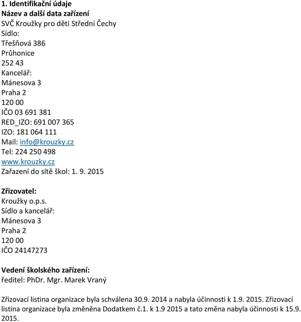 2015 Zřizovatel: Kroužky o.p.s. Sídlo a kancelář: Mánesova 3 Praha 2 120 00 IČO 24147273 Vedení školského zařízení: ředitel: PhDr. Mgr.