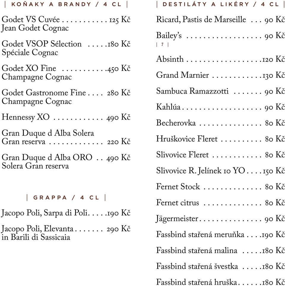 ... 190 Kč Jacopo Poli, Elevanta.... 290 Kč in Barili di Sassicaia Destiláty a likéry / 4 cl Ricard, Pastis de Marseille...90 Kč Bailey s...90 Kč Absinth.... 120 Kč Grand Marnier.