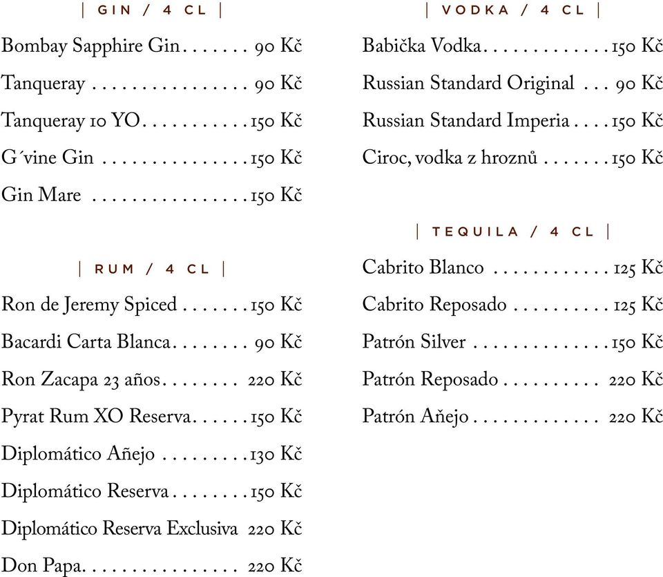 ... 150 Kč TEQUILA / 4 cl RUM / 4 cl Ron de Jeremy Spiced.... 150 Kč Bacardi Carta Blanca....90 Kč Ron Zacapa 23 años.... 220 Kč Pyrat Rum XO Reserva.