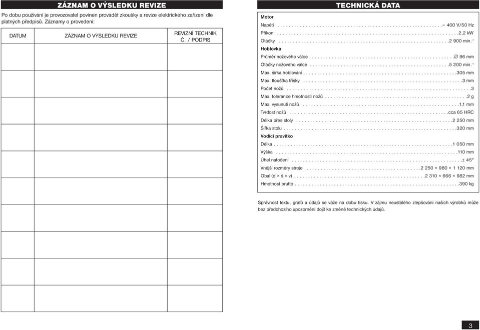 ................................................................ 2,2 kw Otáčky.............................................................2 900 min. -1 Hoblovka Průměr nožového válce.