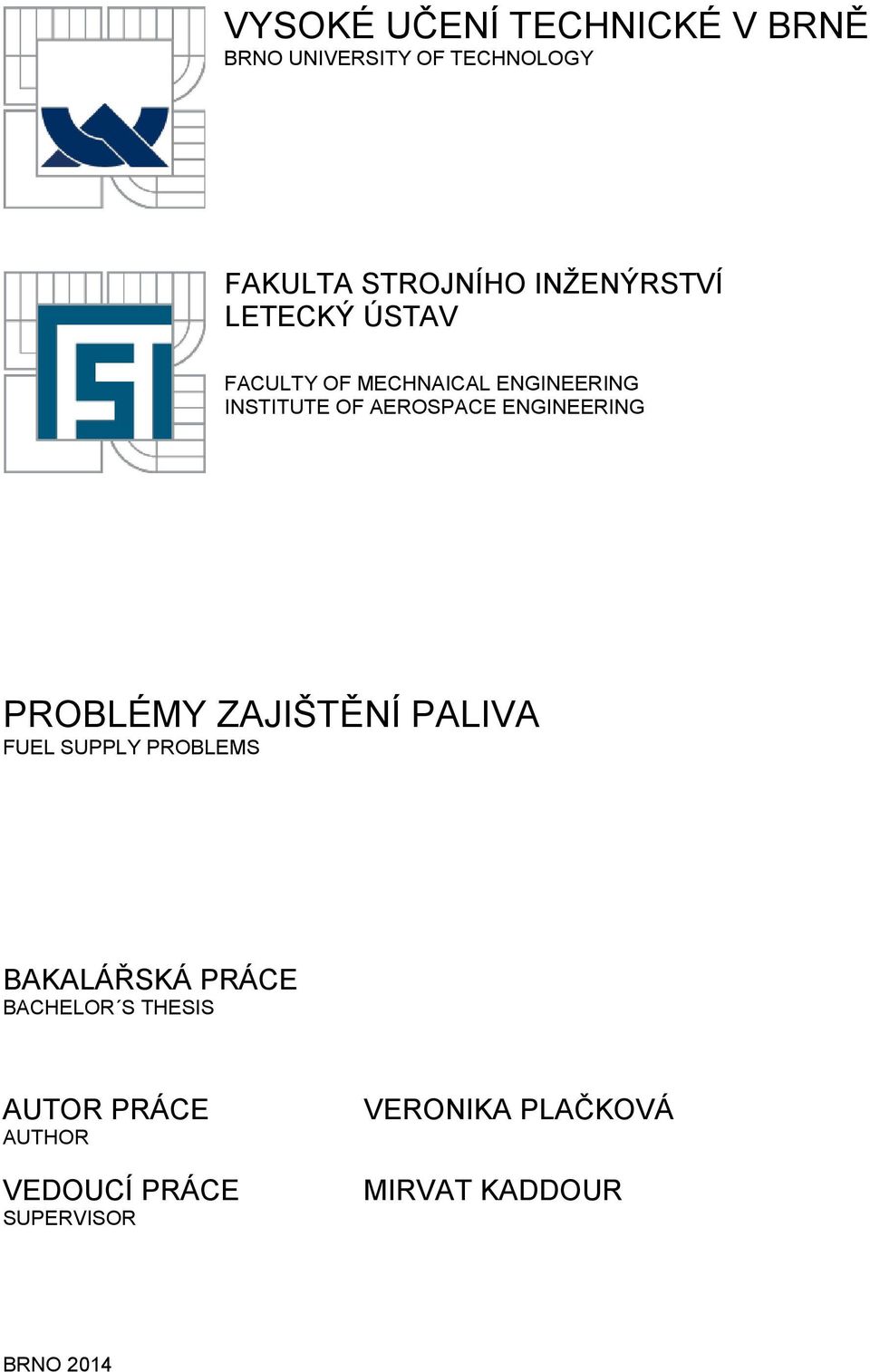 ENGINEERING PROBLÉMY ZAJIŠTĚNÍ PALIVA FUEL SUPPLY PROBLEMS BAKALÁŘSKÁ PRÁCE BACHELOR
