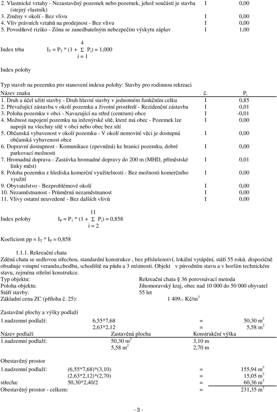 Povodňové riziko - Zóna se zanedbatelným nebezpečím výskytu záplav I 1,00 4 Index trhu I T = P 5 * (1 + Σ P i ) = 1,000 i = 1 Index polohy Typ staveb na pozemku pro stanovení indexu polohy: Stavby