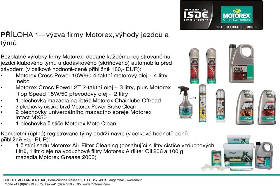 litry 1 plechovka mazadla na řetěz Motorex Chainlube Offroad 2 plechovky čističe brzd Motorex Power Brake Clean 2 plechovky univerzálního mazacího spreje Motorex lntact MX50 1 plechovka čističe