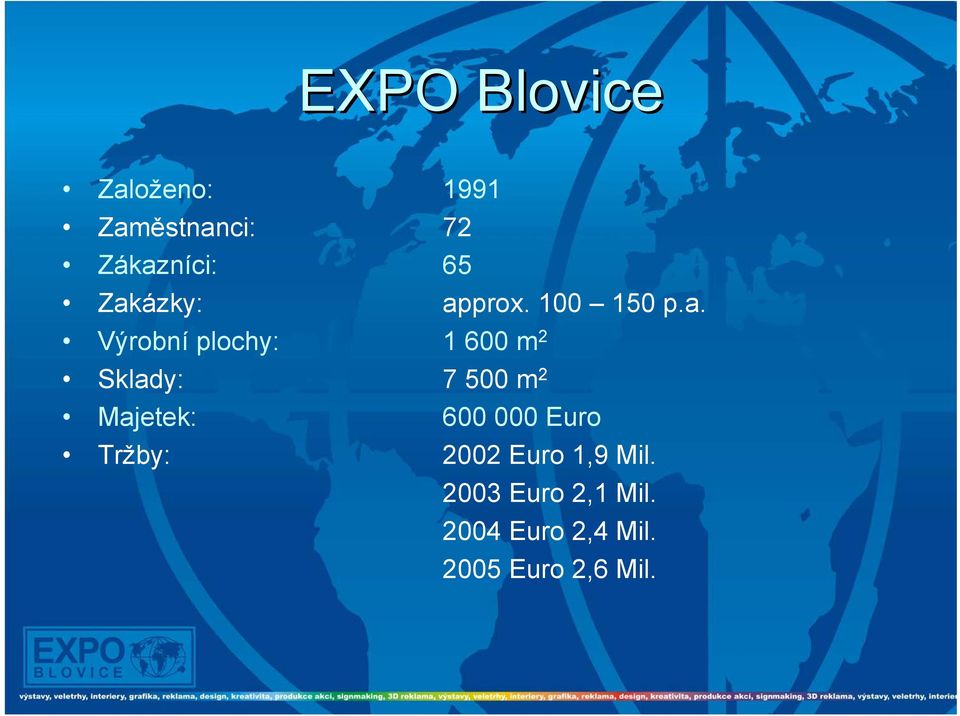 Sklady: 7 500 m 2 Majetek: 600 000 Euro Tržby: 2002 Euro