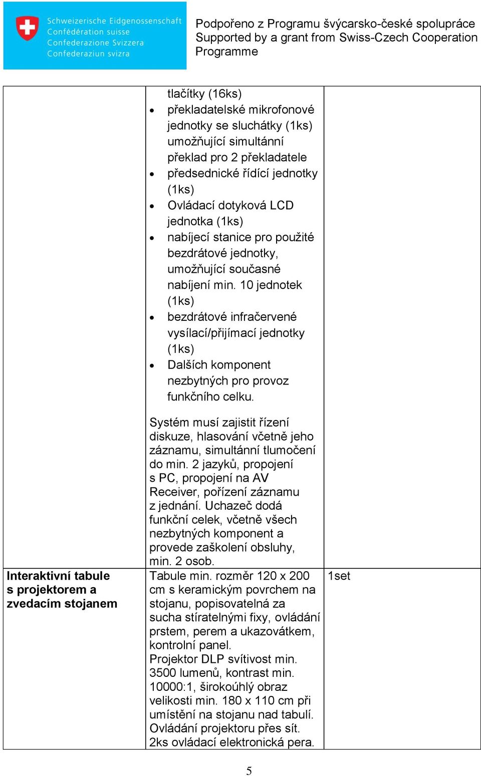 Interaktivní tabule s projektorem a zvedacím stojanem Systém musí zajistit řízení diskuze, hlasování včetně jeho záznamu, simultánní tlumočení do min.