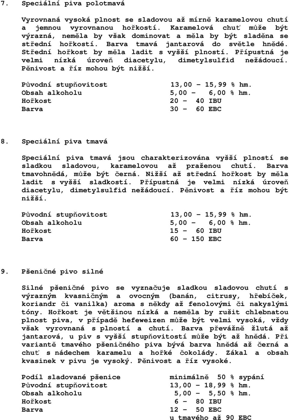 Přípustná je velmi nízká úroveň diacetylu, dimetylsulfid nežádoucí. Pěnivost a říz mohou být nižší. 13,00 15,99 % hm. Obsah alkoholu 5,00 6,00 % hm. 20 40 IBU 30 60 EBC 8.