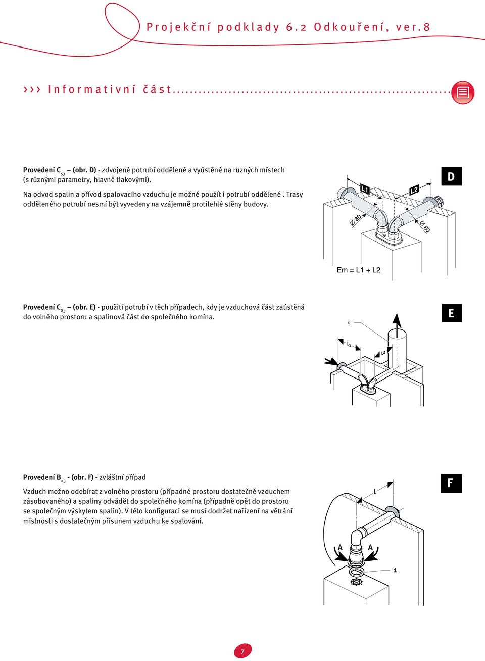 E) - použití potrubí v těch případech, kdy je vzduchová část zaústěná do volného prostoru a spalinová část do společného komína. 1 E L1 L2 Provedení B 23 - (obr.