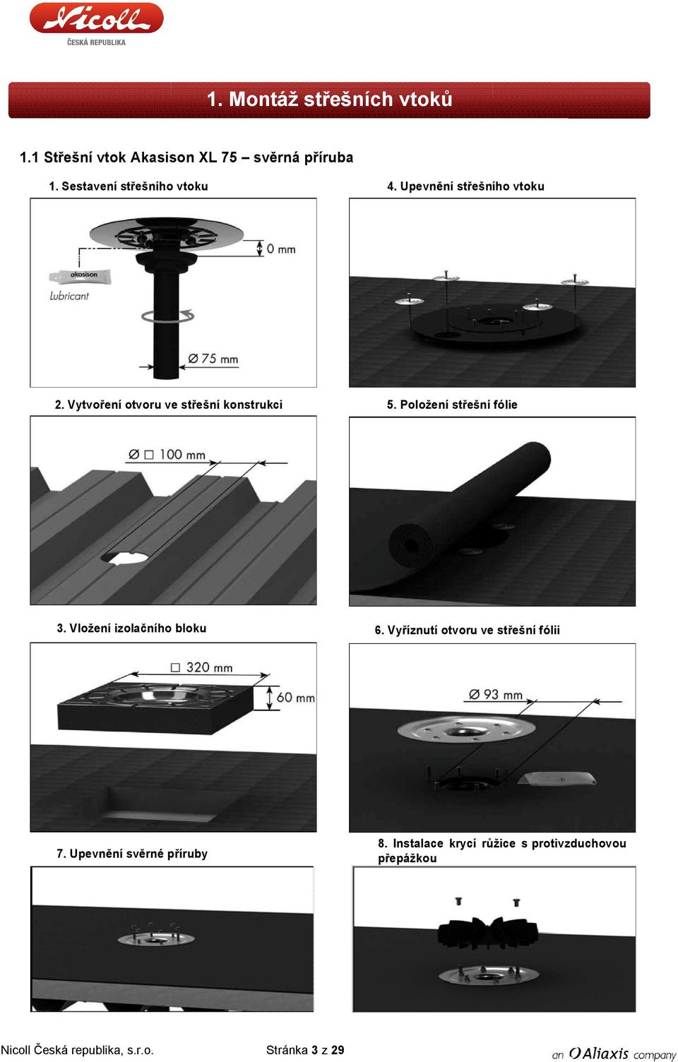 Položení střešní fólie 3. Vložení izolačního bloku 6. Vyříznutí otvoru ve střešní fólii 7.