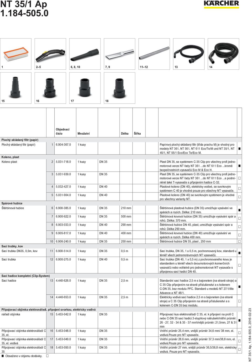 0 1 kusy DN 35 Plast DN 35, se systémem C-35 Clip pro všechny profi jednomotorové verze NT řady NT 361...do NT 611 Eco...kromě bezpečnostních vysavačů Eco M & Eco H. 3 5.031-939.