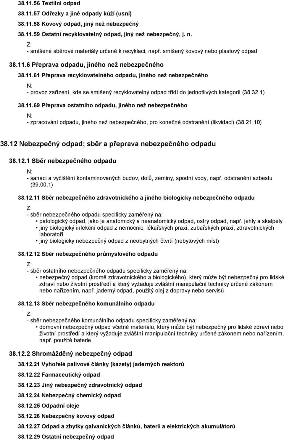 32.1) 38.11.69 Přeprava ostatního odpadu, jiného než nebezpečného - zpracování odpadu, jiného než nebezpečného, pro konečné odstranění (likvidaci) (38.21.10) 38.