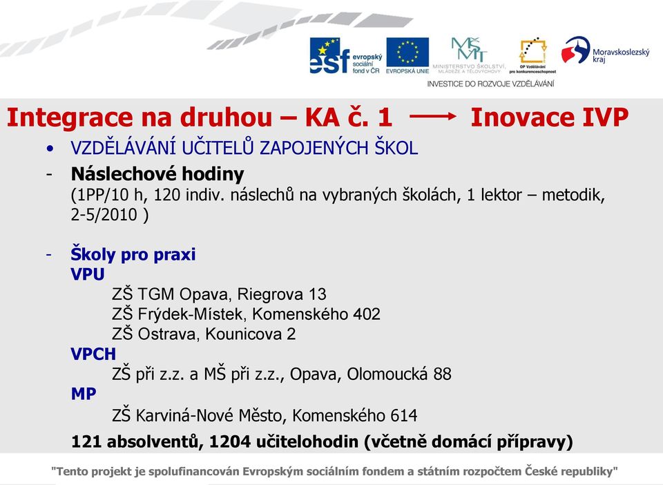 Riegrova 13 ZŠ Frýdek-Místek, Komenského 402 ZŠ Ostrava, Kounicova 2 VPCH ZŠ při z.