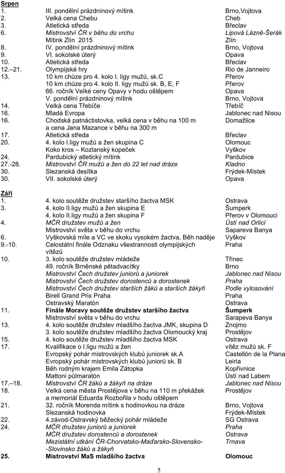 c Přerov 10 km chůze pro 4. kolo II. ligy mužů sk. B, E, F Přerov 66. ročník Velké ceny Opavy v hodu oštěpem Opava V. pondělní prázdninový mítink Brno, Vojtova 14. Velká cena Třebíče Třebíč 16.