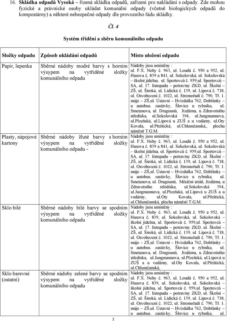 4 Systém třídění a sběru komunálního odpadu Složky odpadu Způsob ukládání odpadů Místo uložení odpadu Papír, lepenka Plasty, nápojové kartony Sklo bílé Sklo barevné (ostatní) Sběrné nádoby modré