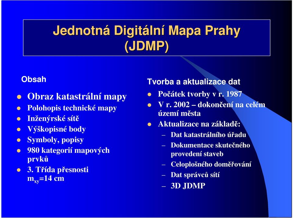 Třída přesnosti m xy =14 cm Tvorba a aktualizace dat Počátek tvorby v r. 1987 V r.